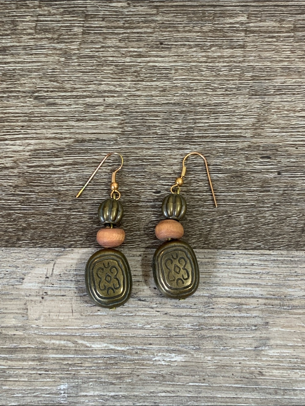 Boho Bronze and Wood Bead Dangle Earrings